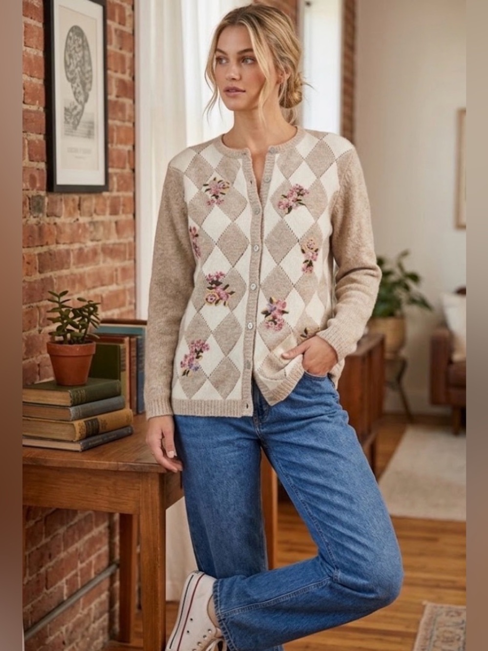 Vintage Silk Angora Blend Argyle Floral Embellished Chunky Grannycore Cardigan